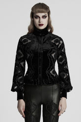 Black Long Sleeves Ruffle Floral Embroidery Women's Gothic Blouse